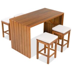 5 Piece Outdoor Bar Set, Patio Acacia Wood Bar Height Table & Four Stools With Cushions, Wood Dining Bar Set For Backyard, Poolside, Balcony, Bei (Option: defaulttitle) 5 Piece Outdoor Bar Set, Patio Acacia Wood Bar Height Table & Four Stools With Cushions, Wood Dining Bar Set For Backyard, Poolside, Balcony, Bei (Option: defaulttitle)